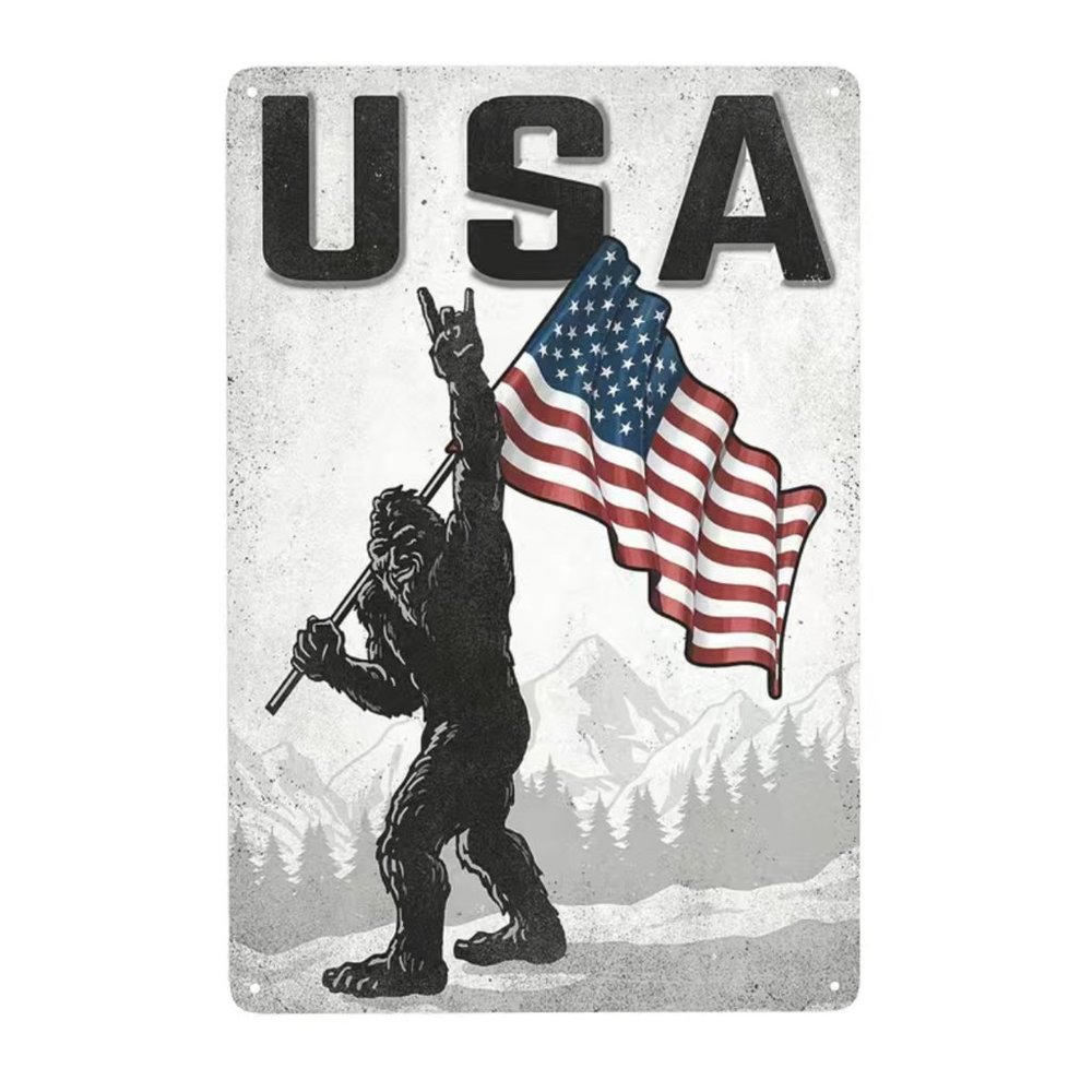 Bigfoot Holding USA Flag giving a Hand Sign, Metal Sign #2